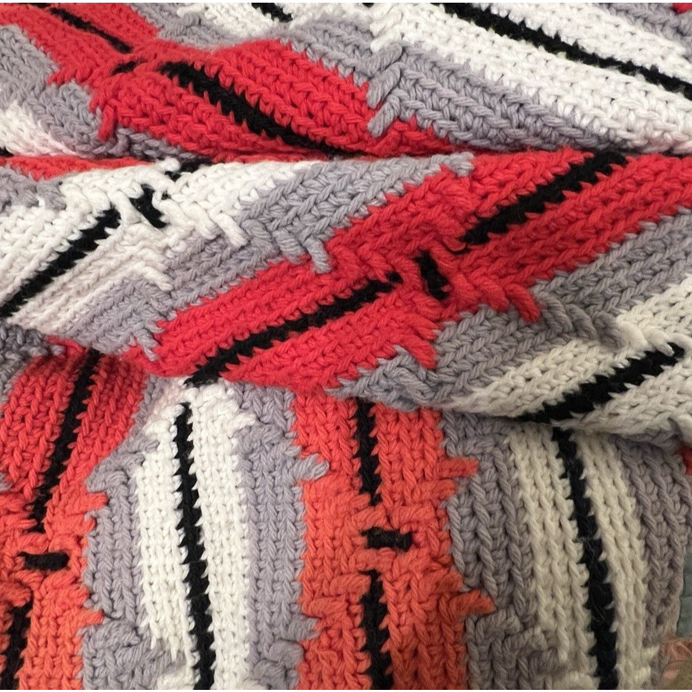 Handmade Crochet Afghan 52" x 68" Striped Red Gray White Couch Throw Blanket - Picture 4 of 6